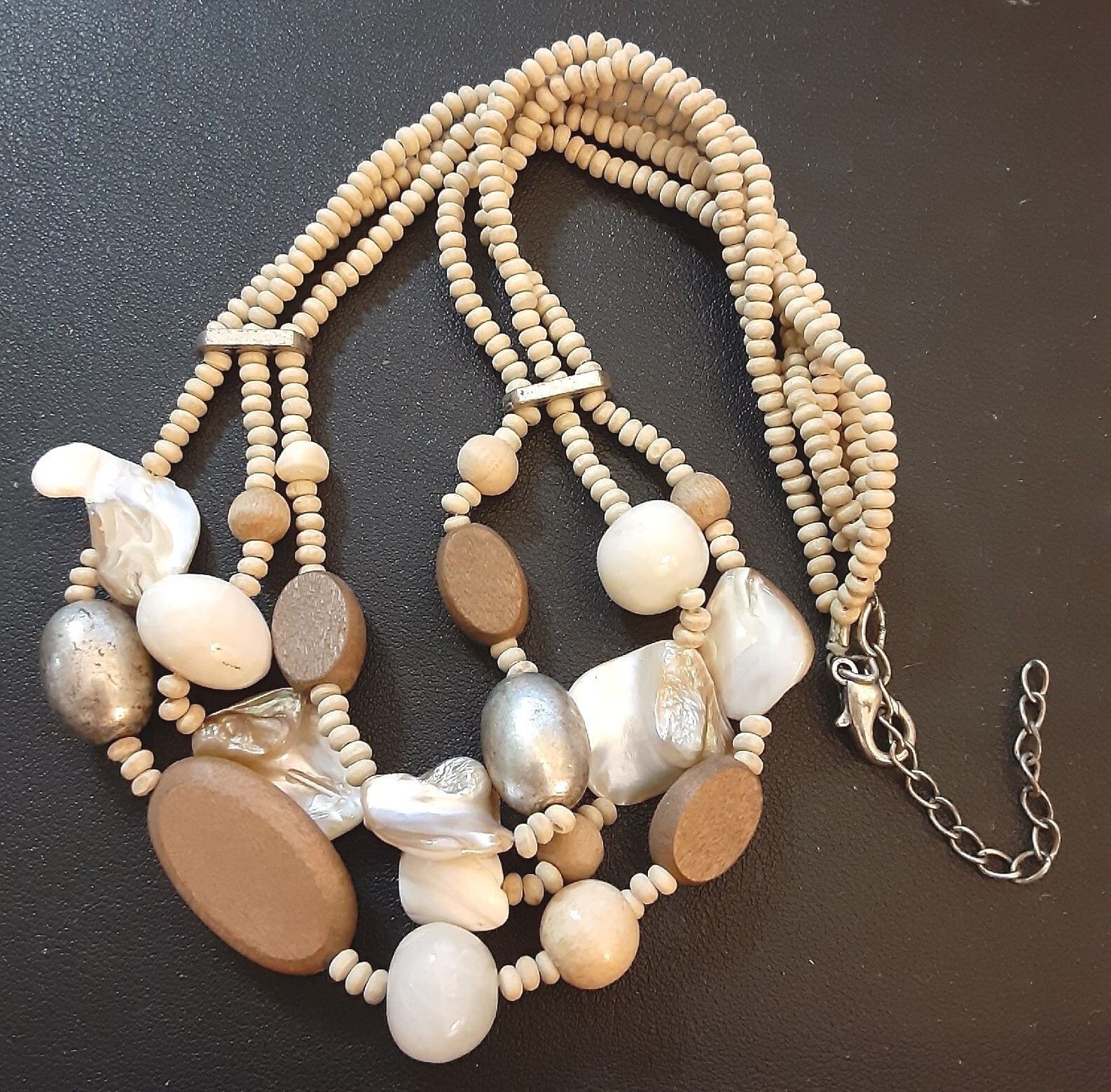 Vintage Shell mop Glass and Wood Bead Necklace Triple Strand