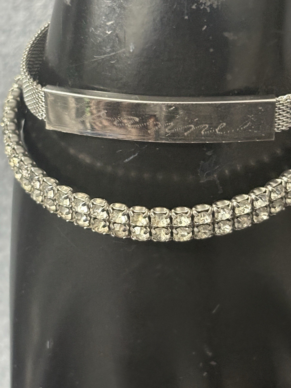 Vintage Bracelet Set Mesh ID Bucket Rhinestone Silver Tone Safety Clasp