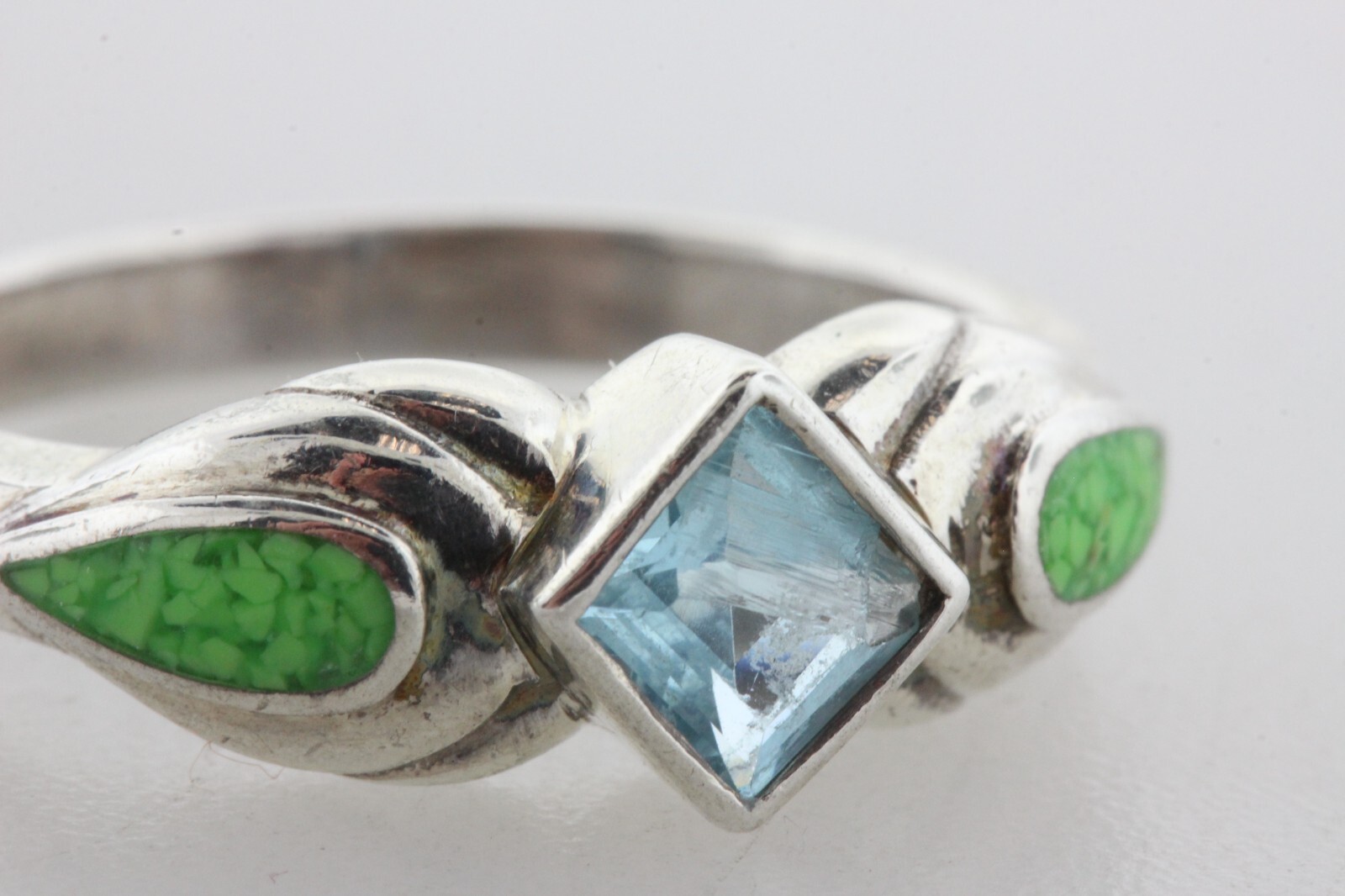 CW Sterling Silver 925 Vintage Blue Topaz & Green Turquoise Inlay Ring – Size 9