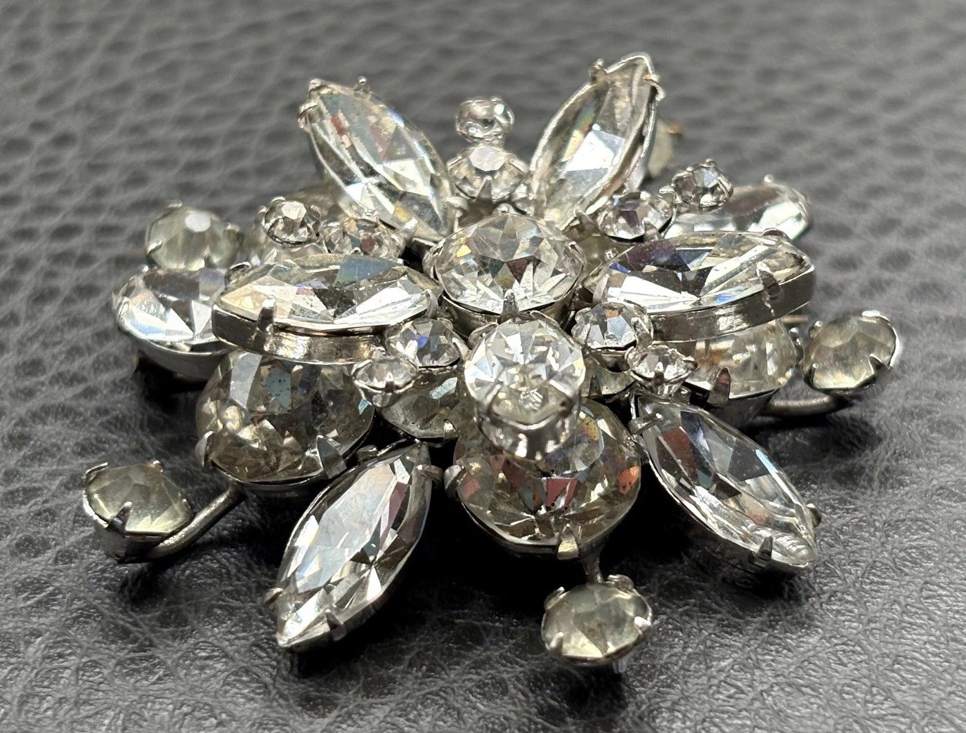 Vintage Austrian Rhinestone Atomic Starburst Brooch Silver Tone Crystal Pin