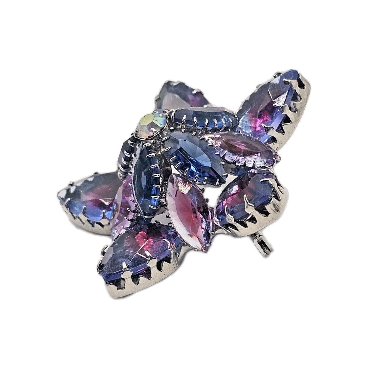 VTG Starburst Domed Purple Blue Pink Vitrail Glass Rhinestone Brooch Silver Tone
