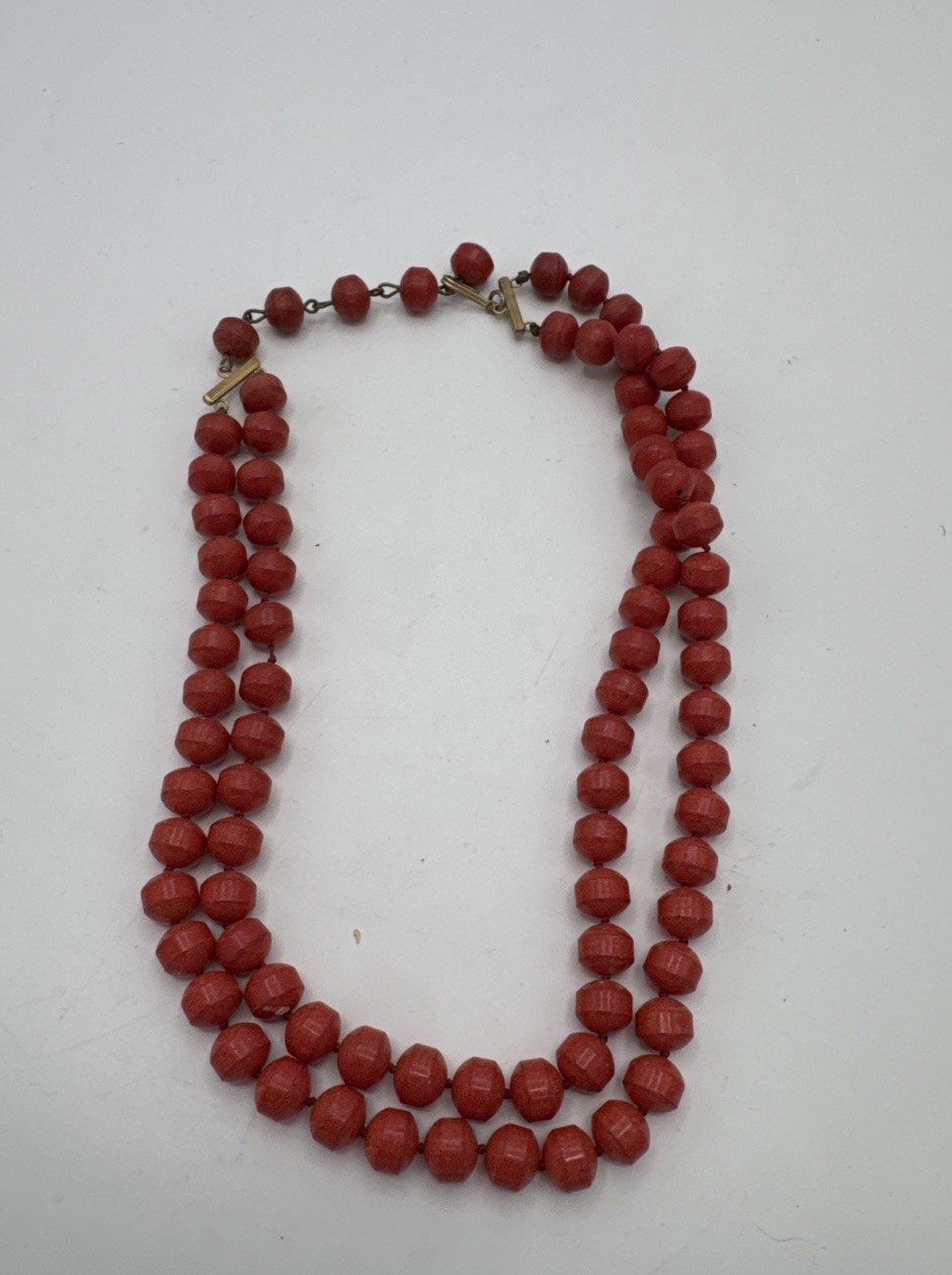 Double Strand Coral Tone Stone Bead Necklace Heavy Unmarked 18”