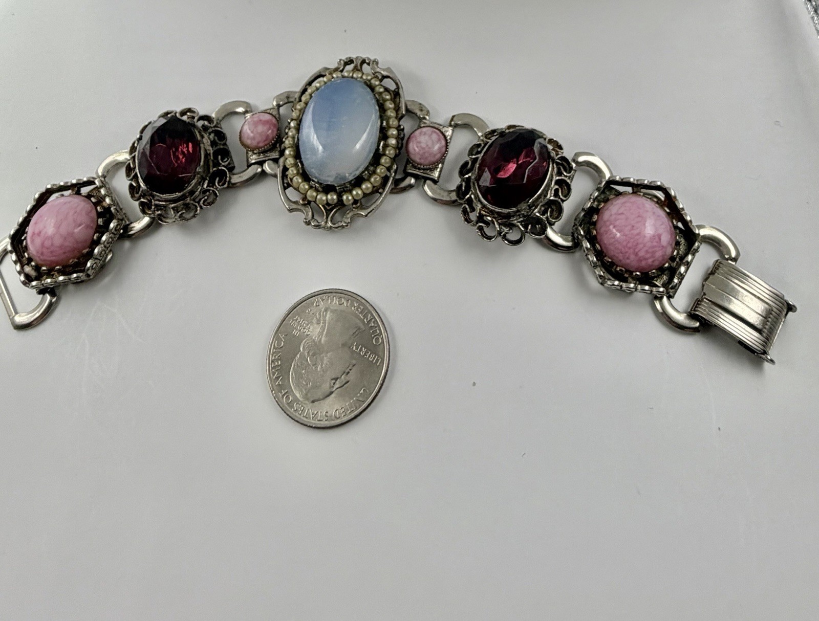 Vintage MCM Upcycled Pink Marbled & Red Rhinestone Clear Opalite Design Bracelet