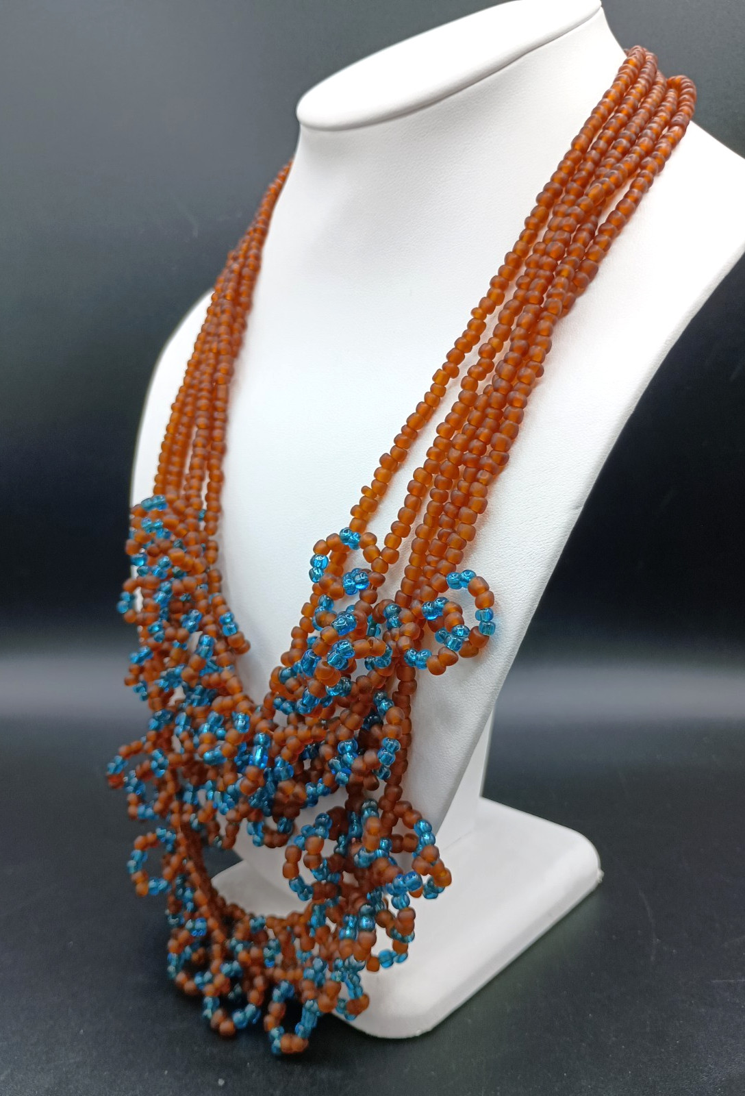 Vintage Seed Bead Necklace Glass Amber Turquoise Color Multi-Strand Artisan 25″