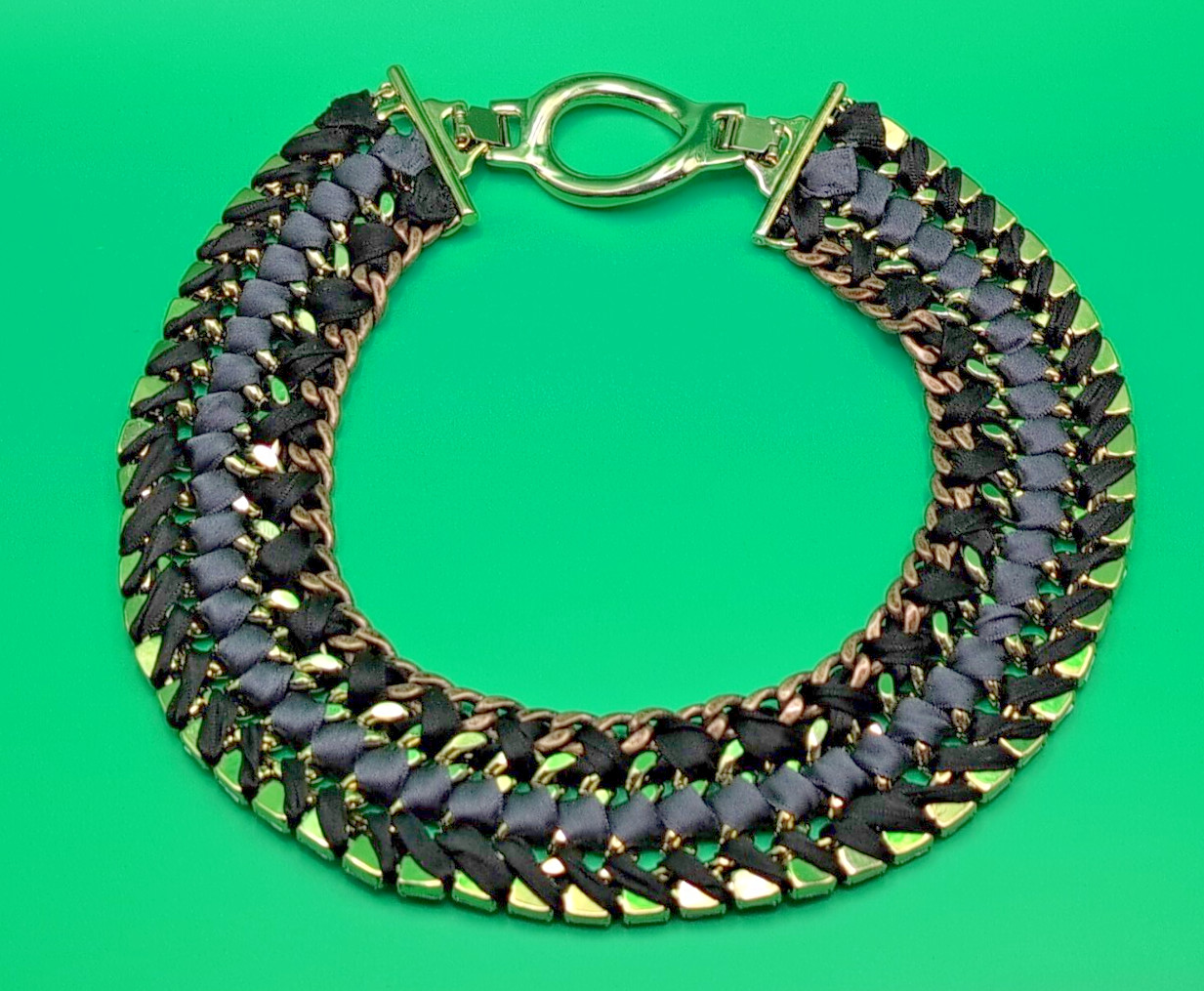 Vintage Crystal Baguette Rhinestone/Gray Ribbon Bib Necklace Collar Stella & Dot