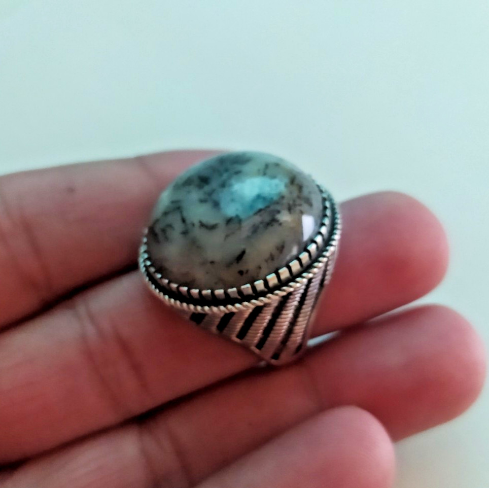 Ancient Vintage Victorian Sterling Silver Ring Natural Agate Stone Size 9