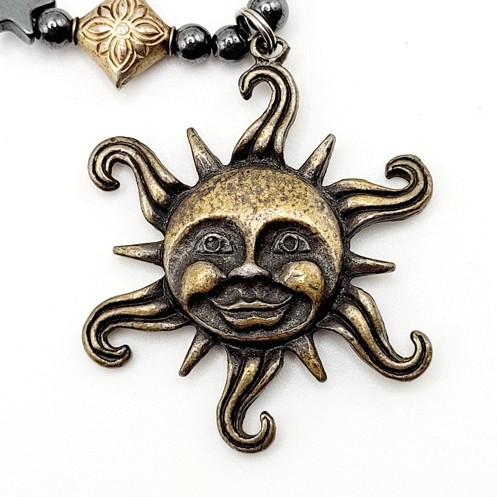Celestial Sun Stars Black Hematine Bead Pendant Gold Tone Cone Ends Necklace