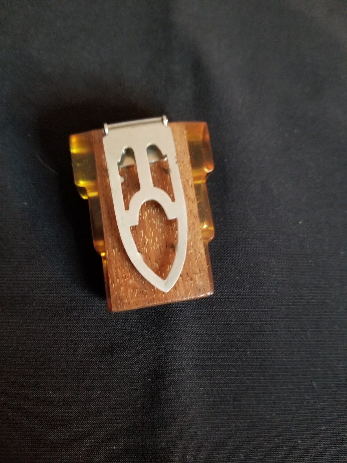 Vtg unique wood and bakelite or lucite dress clip