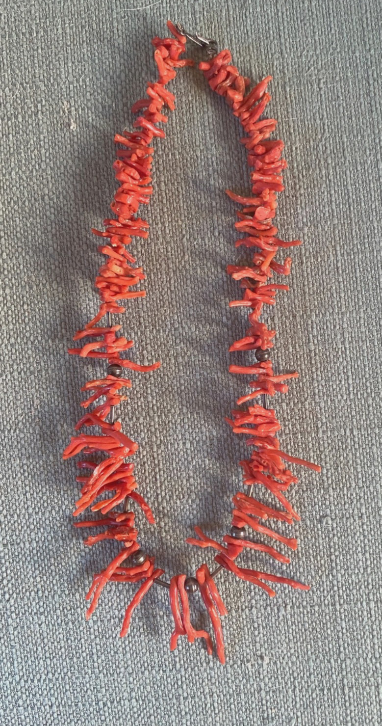 Vintage 1970’s Natural Branch Red Coral Necklace w Silver? Metal Beads 18″