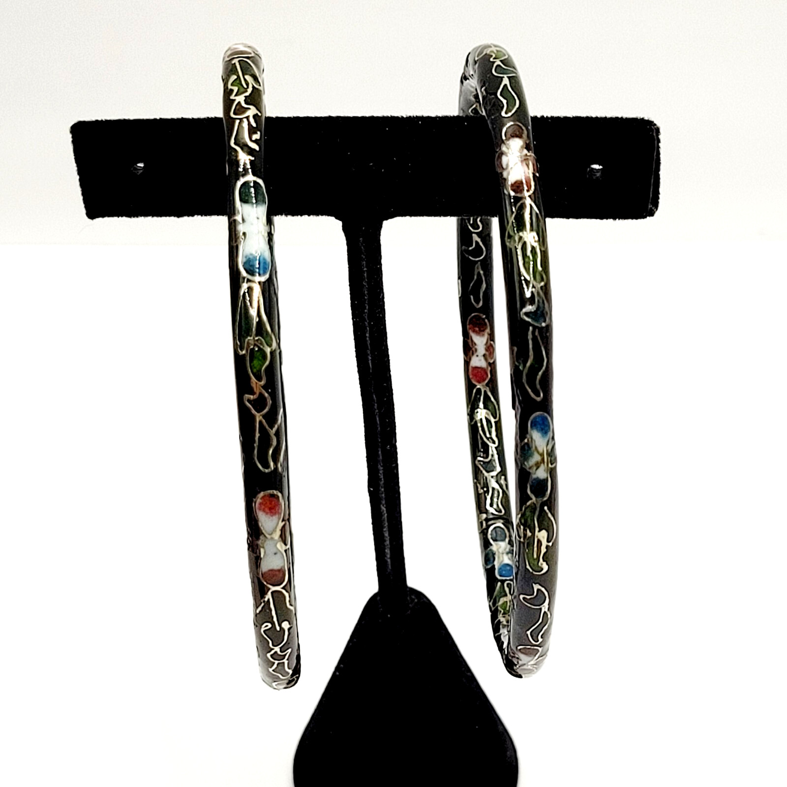 2 Cloisonné Asian Inspired Black Dark Shiny Floral Hand Painted Bangle Bracelet