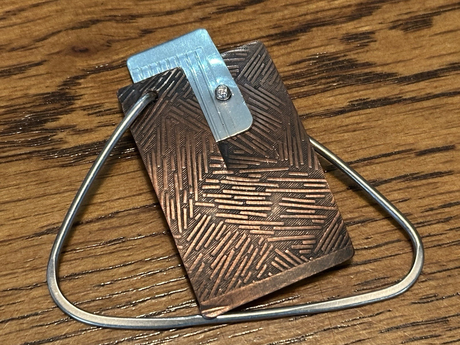 Vintage Artisan Signed Modernist Copper & Silver Tone Brooch 2 1/2”
