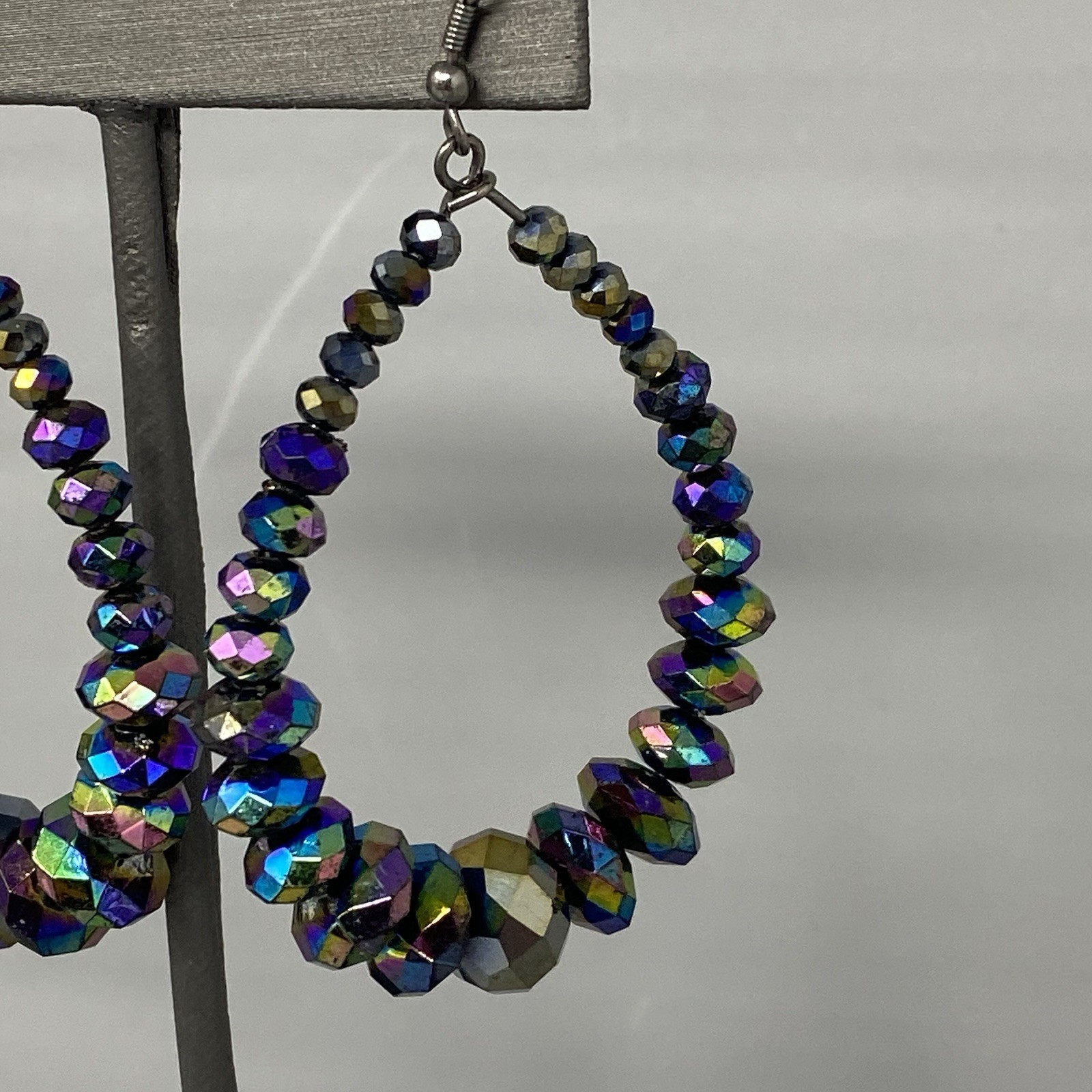 Aurora Borealis Pierced Earrings Dangle Drop Hoop Iridescent Glass Beads 3″
