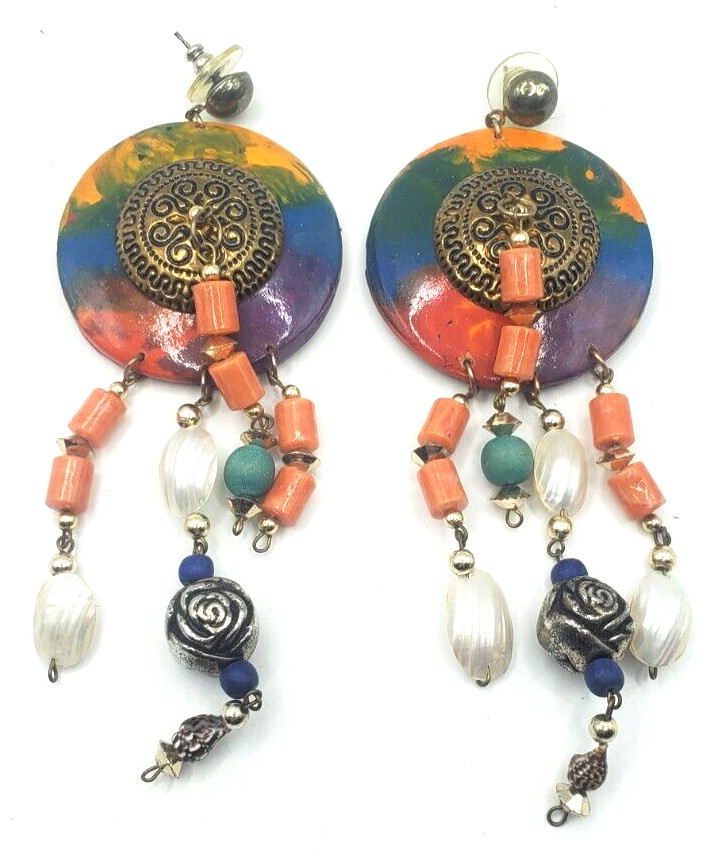 Vintage Pierced Earrings Wood an Copper tone Multi Beads One White Missing