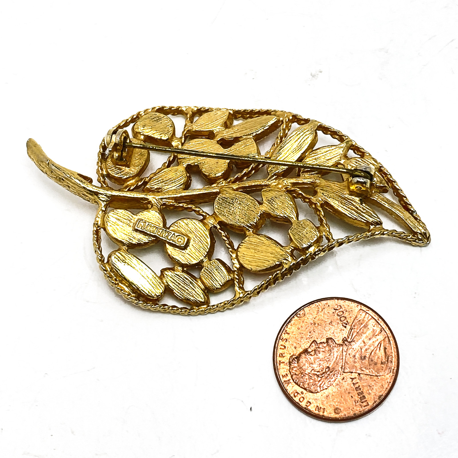 FLORENZA Brooch Plique-A-Jour Enamel Leaf Pin Red Green Gold Tone Vintage