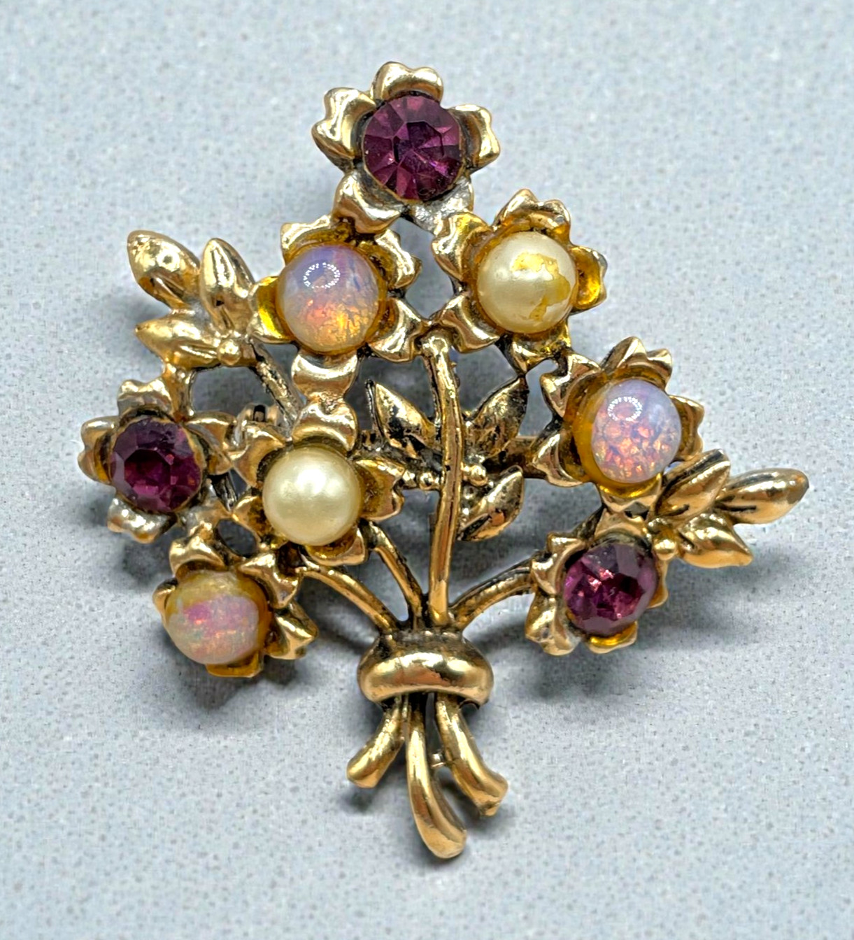 VTG MCM Gold-tone Floral Bouquet Faux Opal Pearl rhinestone brooch