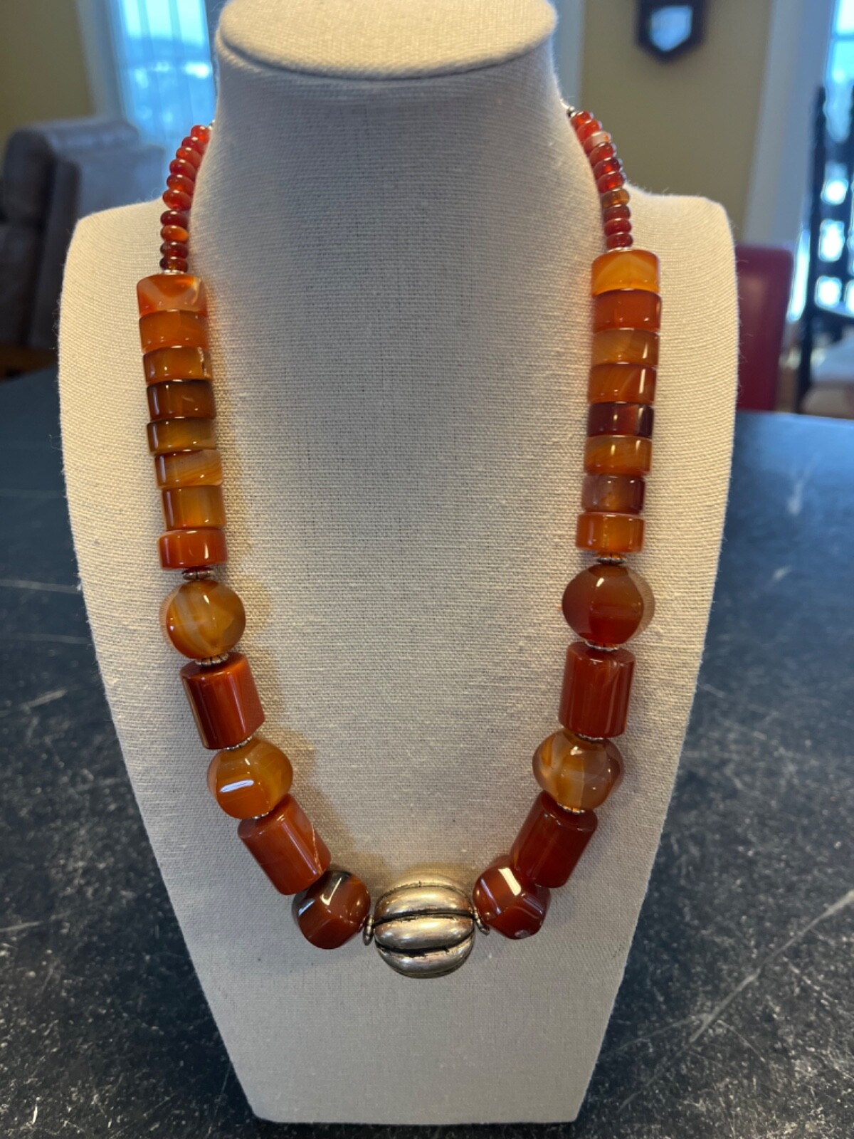 Fabulous 24″Heavy 1990s Carnelian & Silver Bead Fashion Necklace Fish Hook Clasp