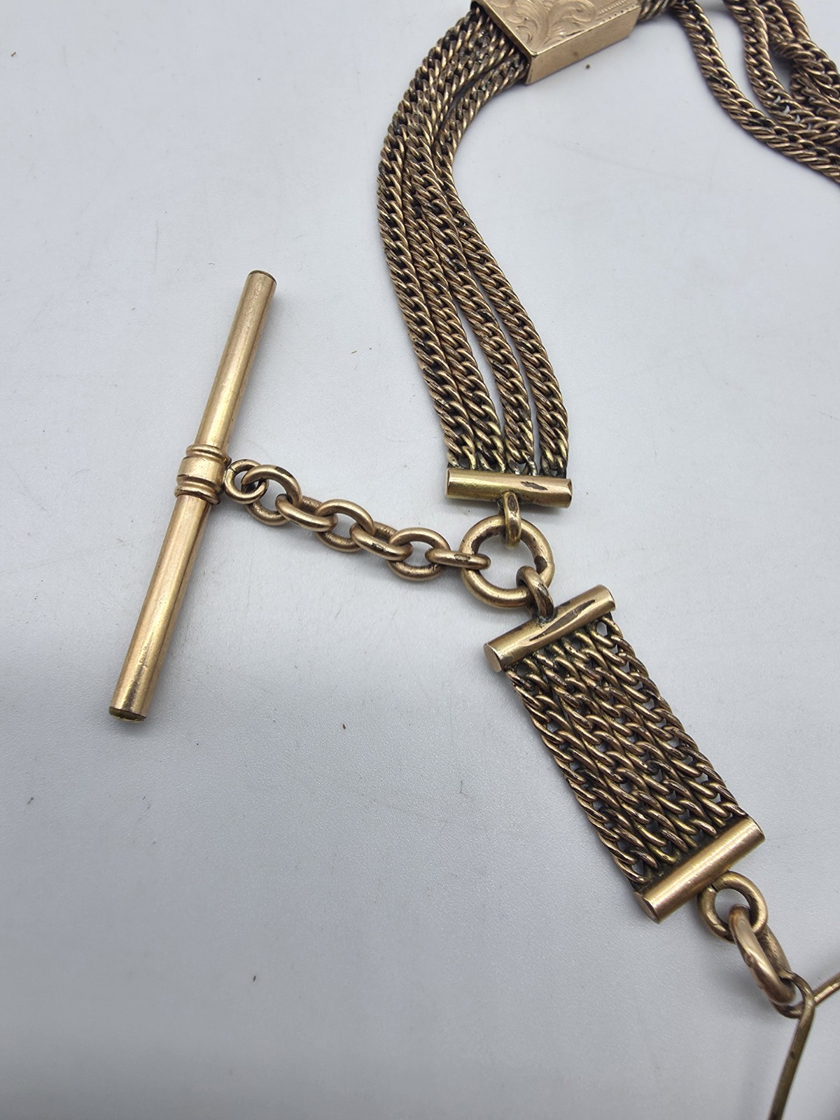 Antique Victorian Gold Filled 4 Strand Mesh Watch Fob Chain Slide Carved Agate