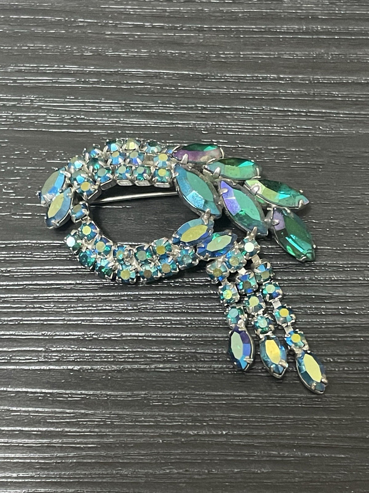 “Blue Lagoon” Style Aurora Borealis Crystal Rhinestone Tassel Brooch Vtg Estate