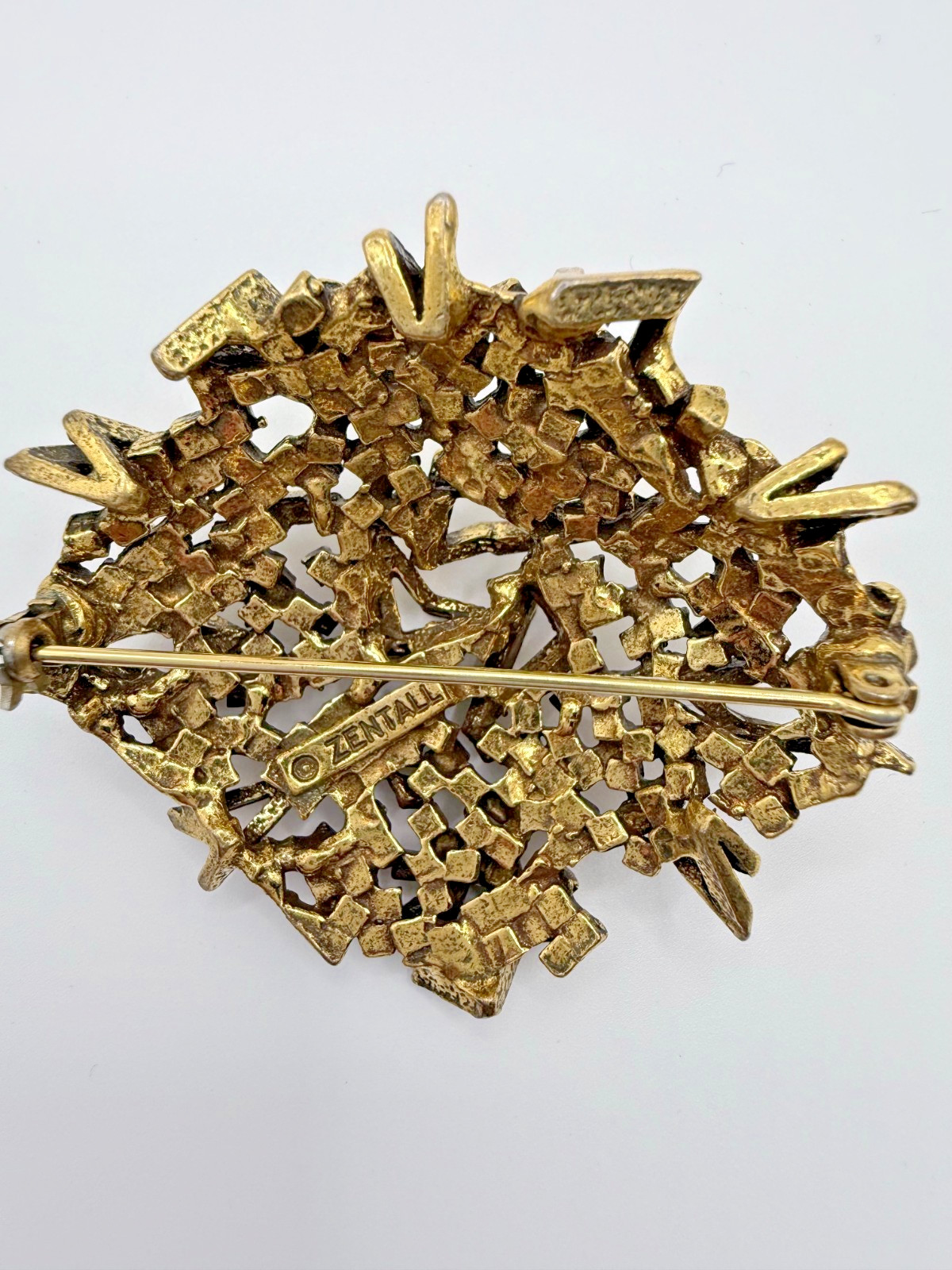 Vintage Rare Zentall Brutalist Brooch Gold Tone Modernist Abstract Signed