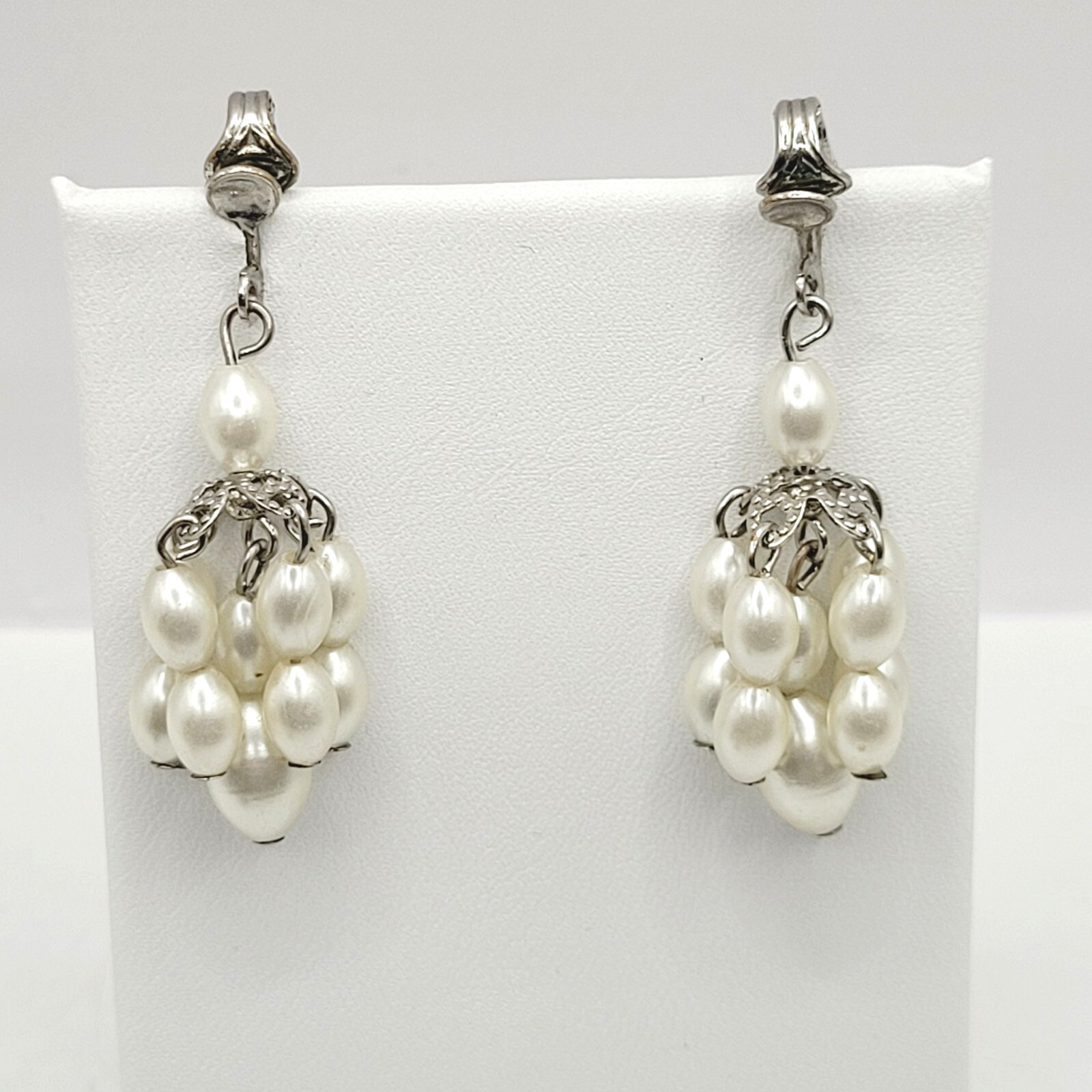 Faux Pearl Drop Dangle Cluster Silver Tone Clip On Fancy Vtg Costume Earrings