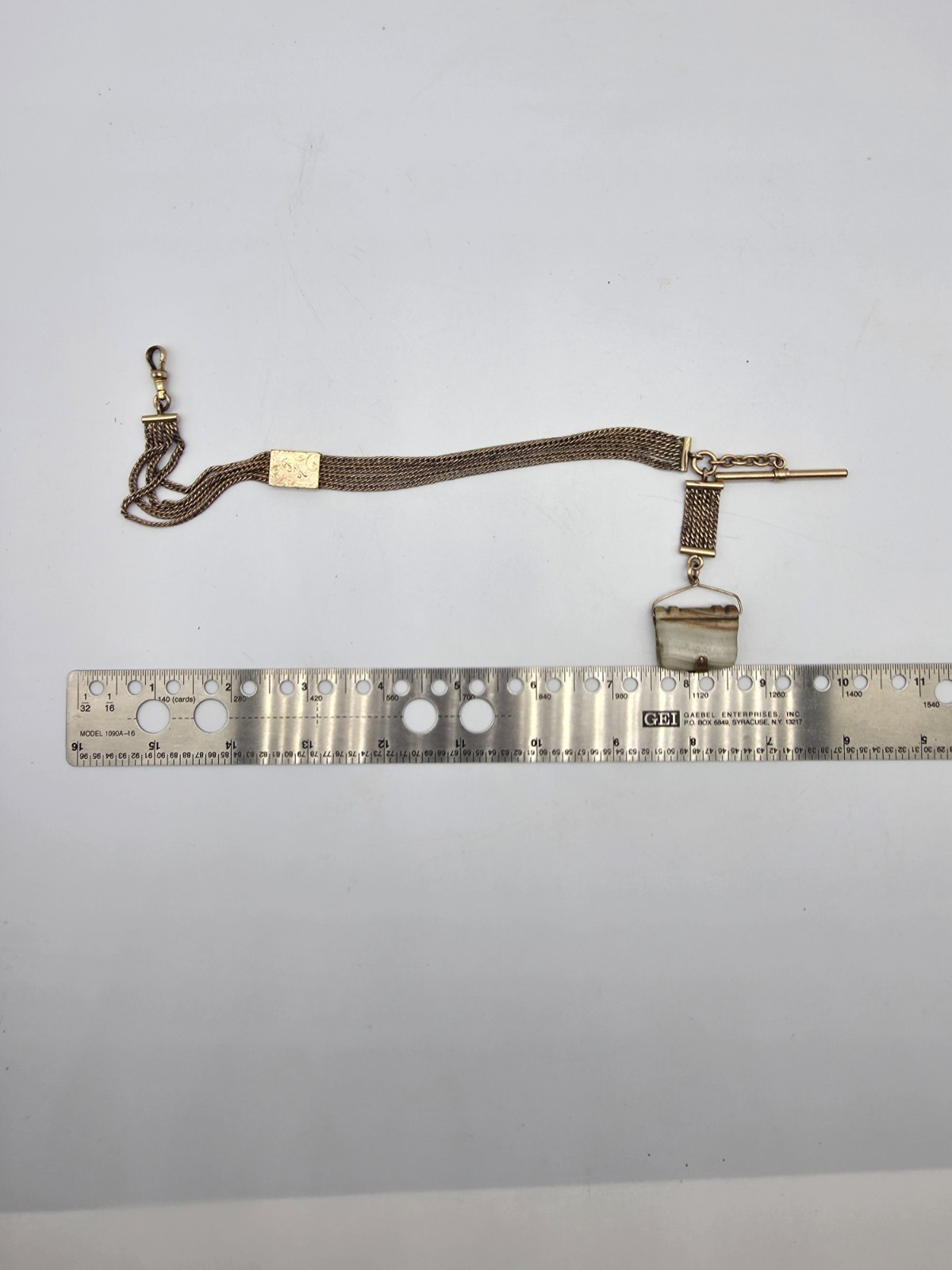 Antique Victorian Gold Filled 4 Strand Mesh Watch Fob Chain Slide Carved Agate