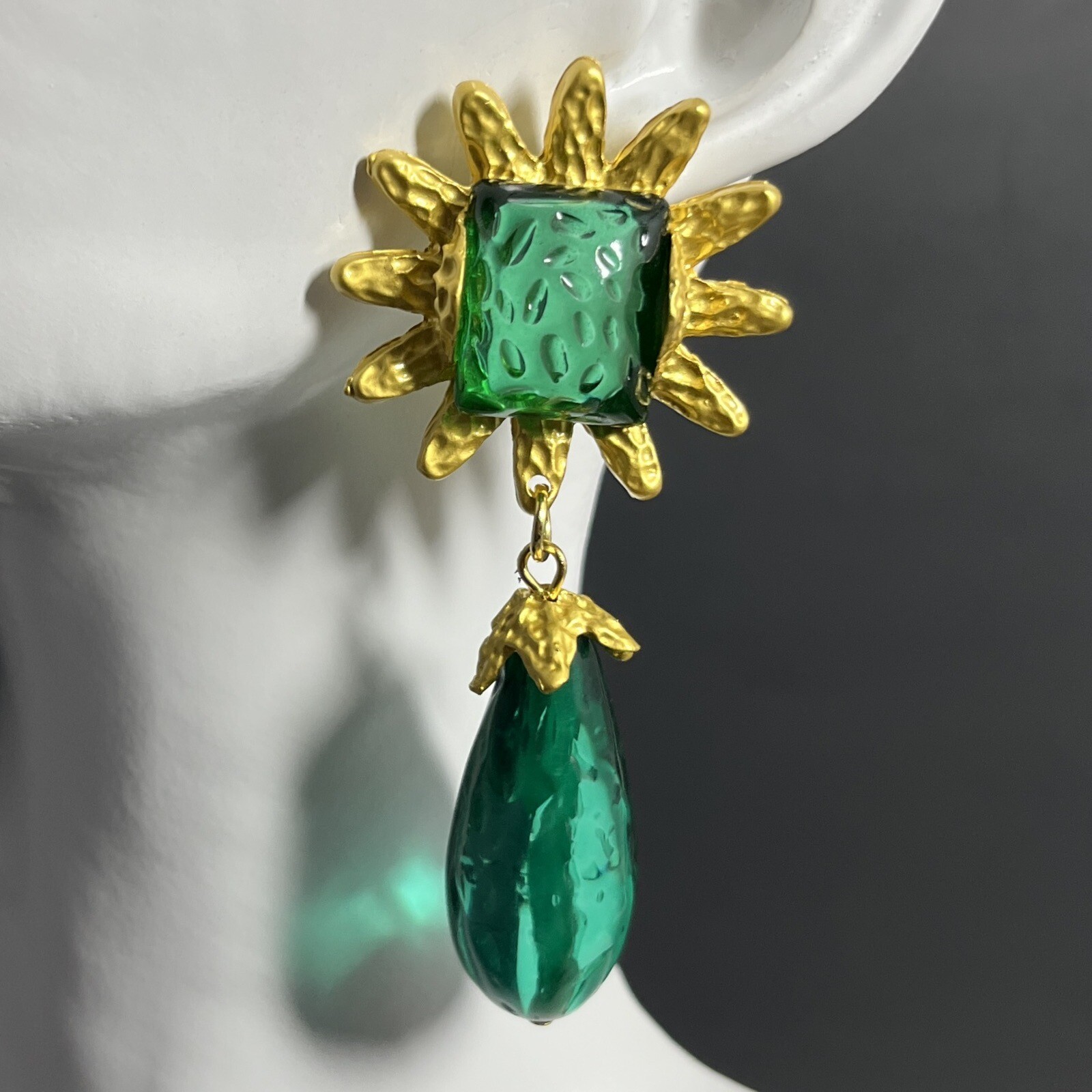 Brutalist Gripoix Style Earrings Pierced Teal Green Matte Gold Sunburst Dangle