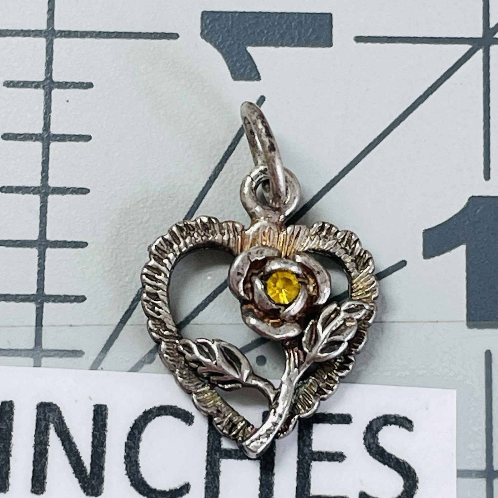 925 Sterling Silver Heart Charm Pendant Flower Yellow Rhinestone Mixed Metals