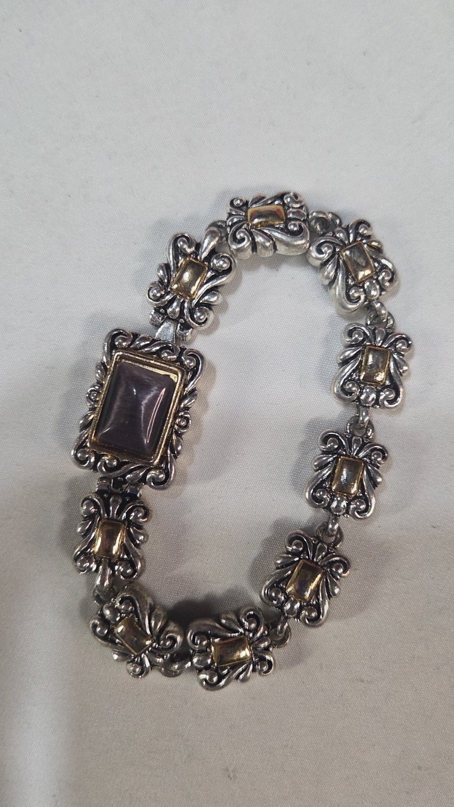 Vintage Two-Tone, Silver & Gold, 8″ Tennis Bracelet W/ Purple Cabochon (1046)