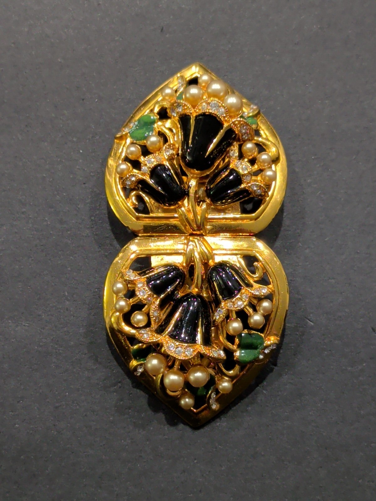 CORO DUETTE Convertible Brooch Gold Tone Black Green Enamel Pearl Crystal Floral