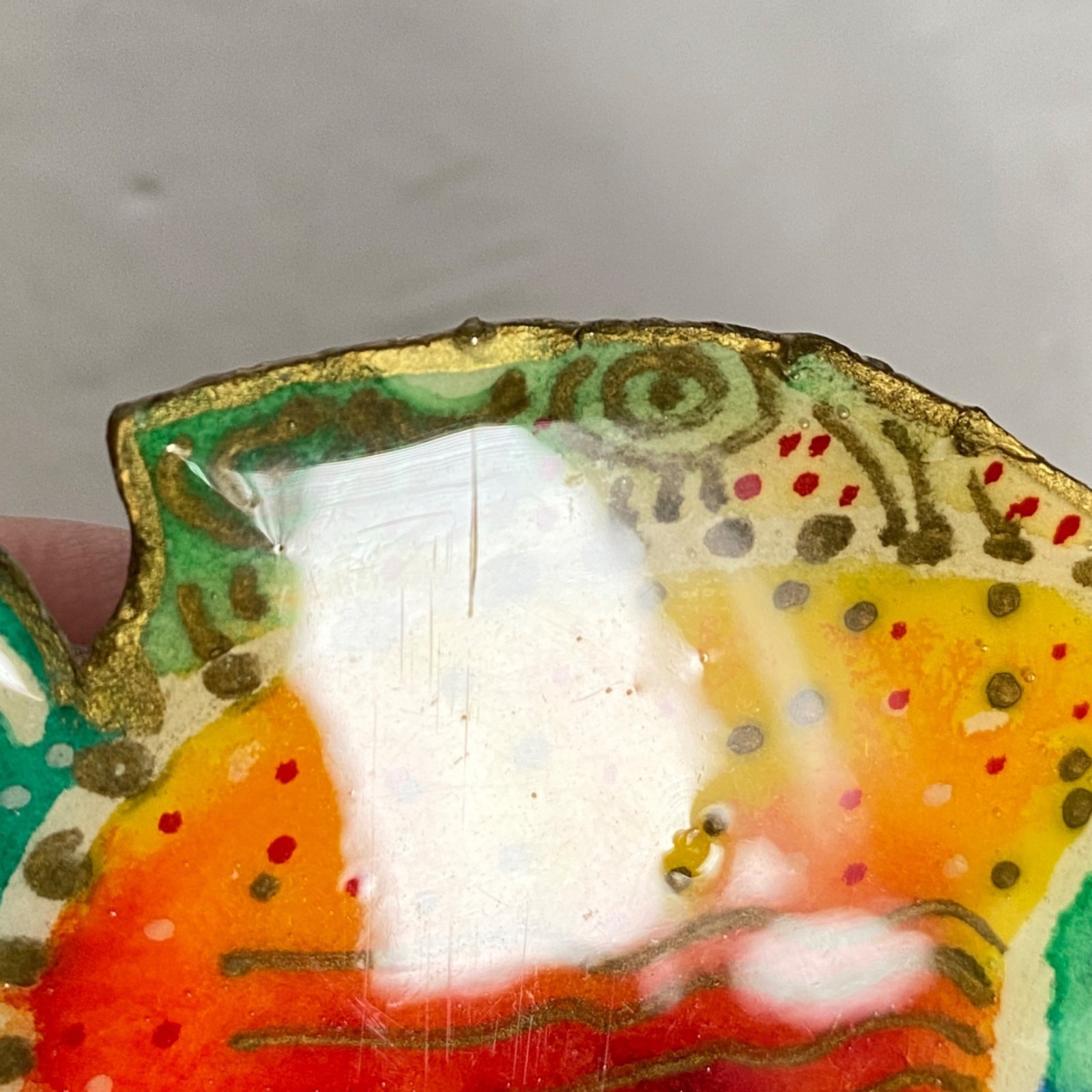 DJB Colorful Fish Watercolor Hand Painted Gold Rim Resin Pin Brooch 3x2in