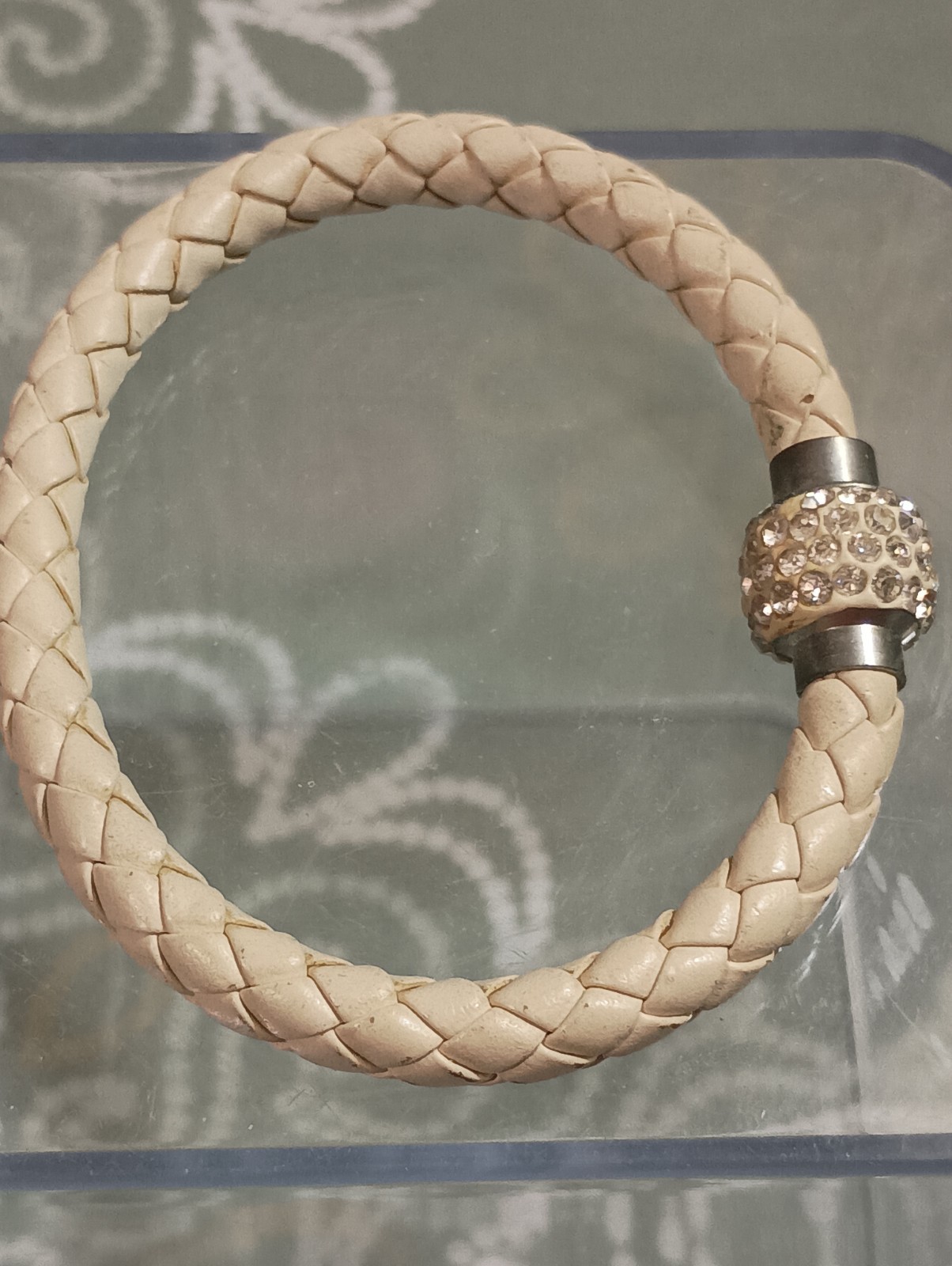 Vintage White Braided Leather Bracelet Crystal Rhinestone Bead Silver Tone Clasp