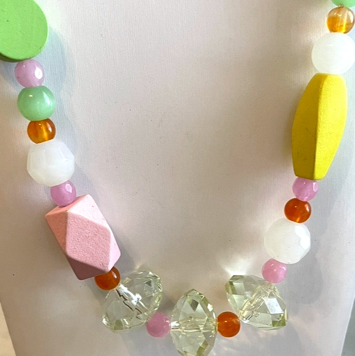 EsMor Beaded Necklace Glass Wood Stone 26″ Statement Bright Candy Colors Jewelry