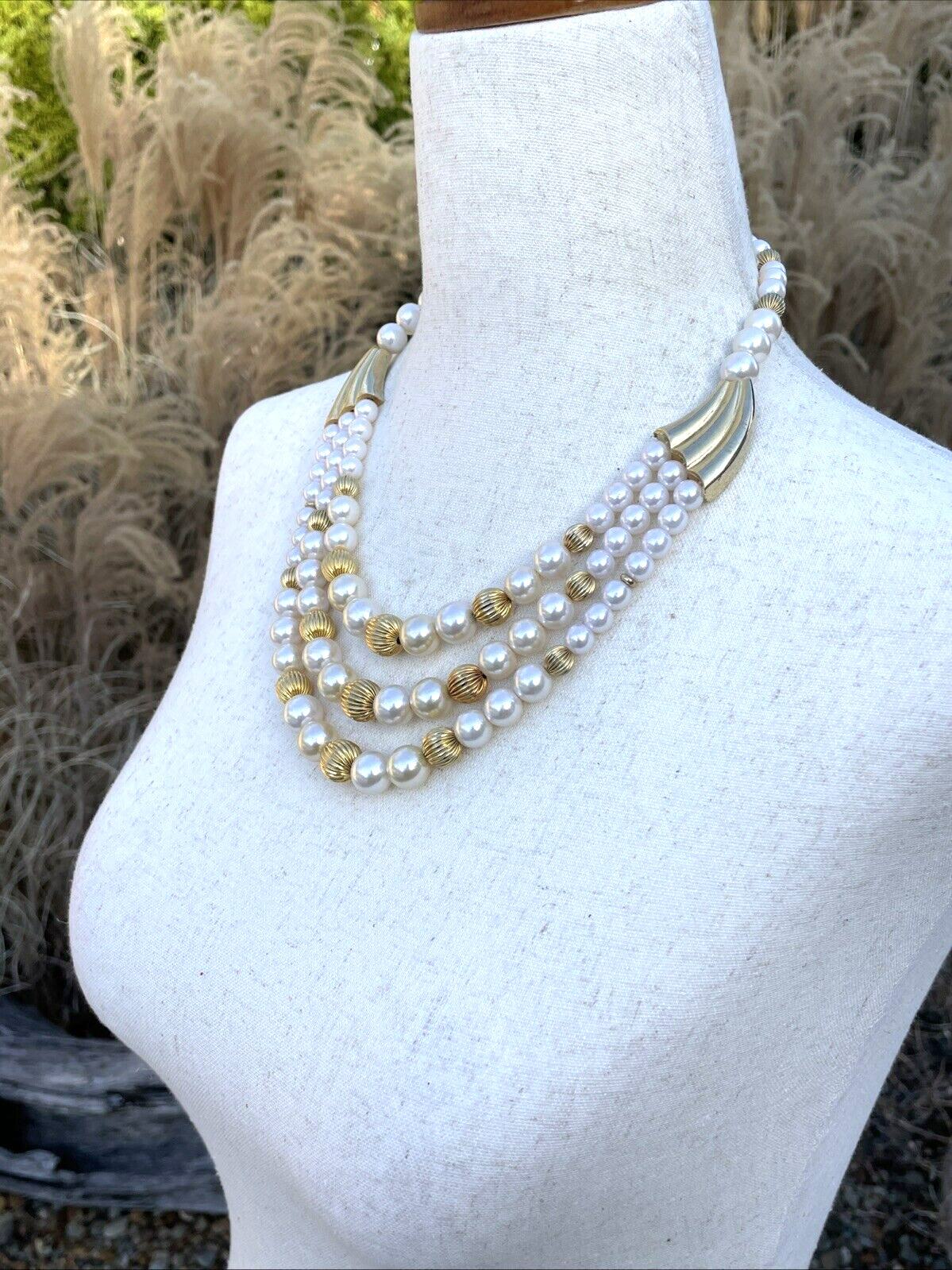 Vintage 1950’s Gold, White & Champagne Faux Pearls Bib Necklace