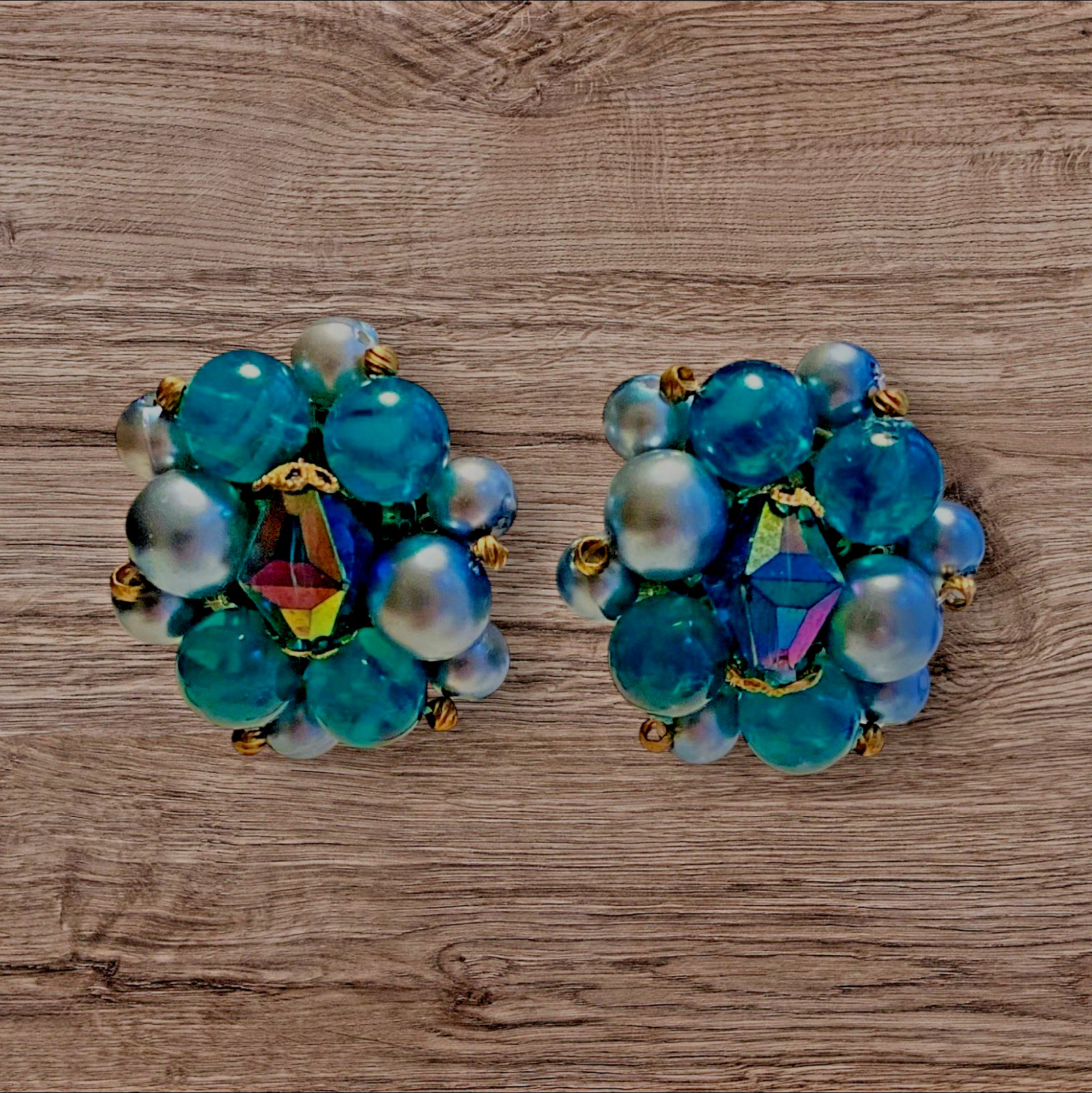 VTG Earrings. Dk teal beads, lt blue faux pearls w/ AB rhinestone. Beautiful!