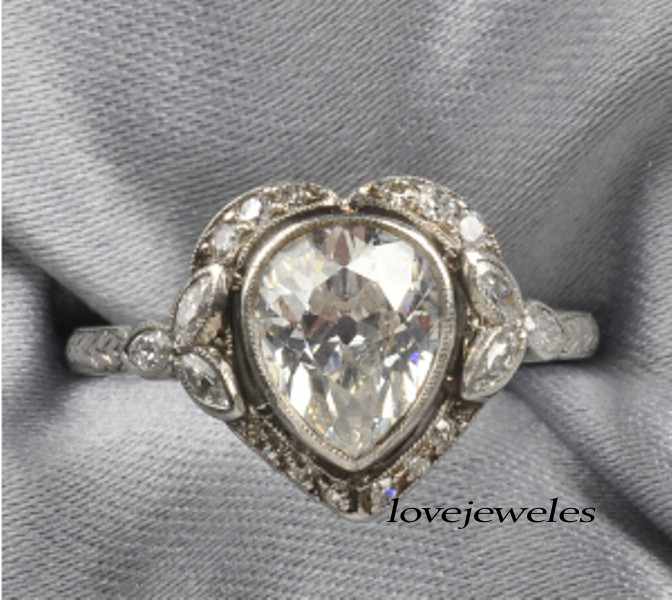 3CT Pear Lab-Created Diamond Vintage Heart Shape Art Deco Ring 14K White Gold FN