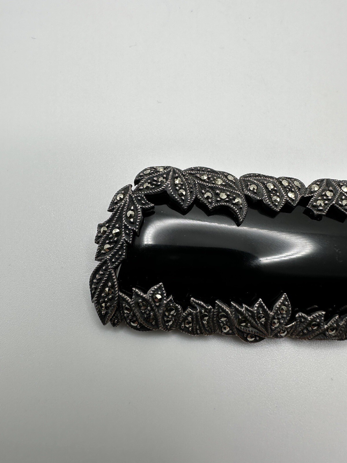 Huge Vintage Sterling Silver Onyx Marcasite Laurel Leaf Brooch 7.5cm BB1