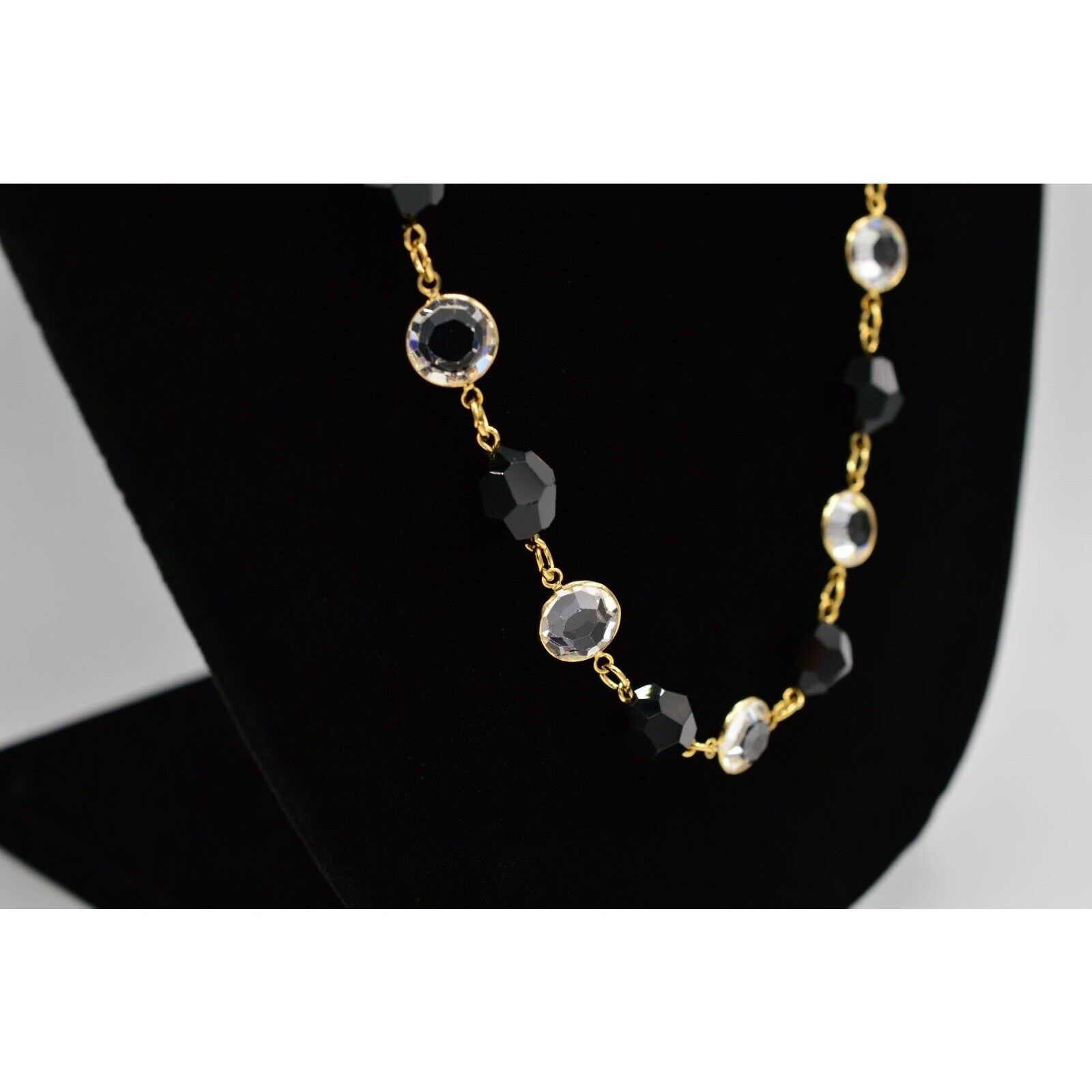 Austrian Crystal USA Vintage Necklace Open Bezel Clear Black Gold Signed 80s 9J