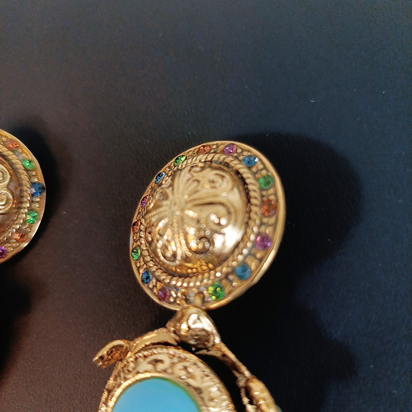 Vintage Zoe Coste Turtle Earrings France Blue Glass Rhinestone Gold Tone