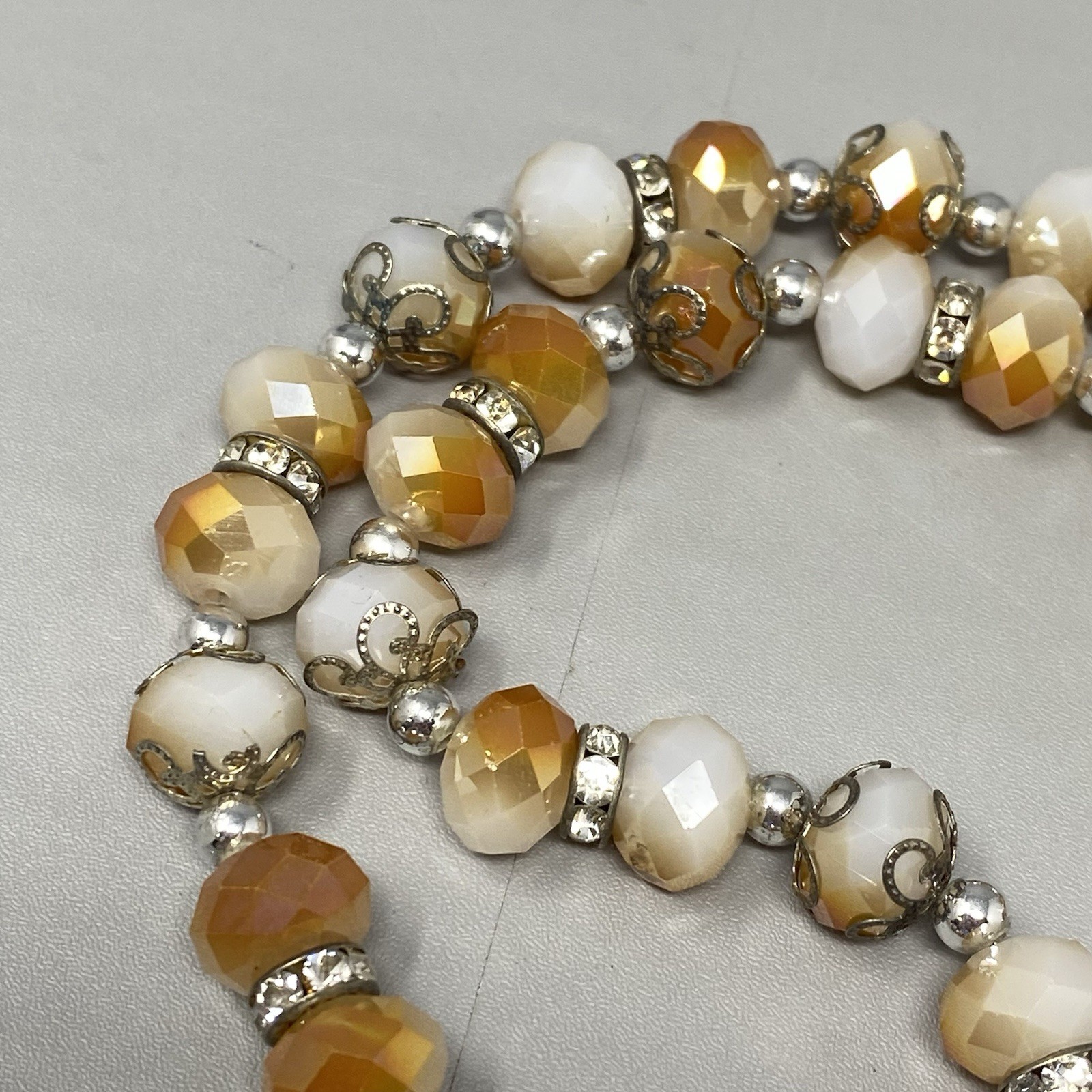 Glass Beaded Necklace White Orange Faceted Fire Polished Metal Caps Collar 21″