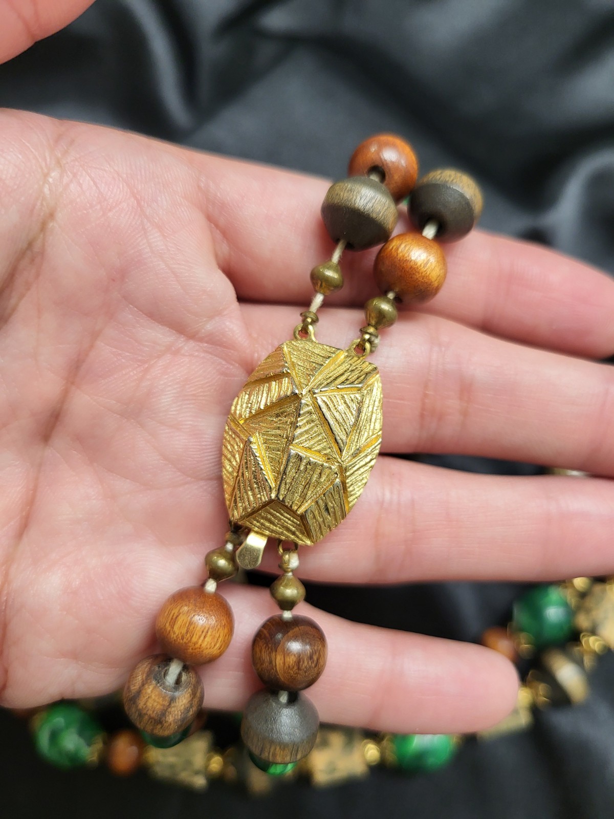 Vintage Multi Strand Beaded Necklace Wood Faux Malachite Cork Boho Statement