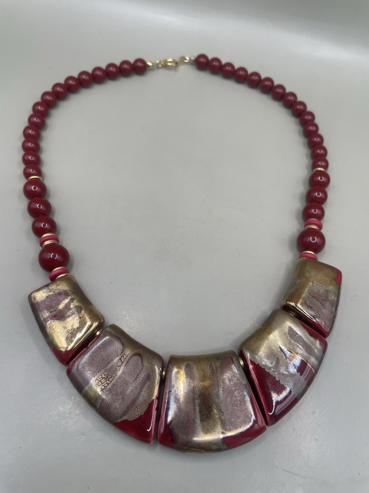 Vintage Japan Rust Red Art Pottery Ceramic Beaded Necklace W/Metallic Accents