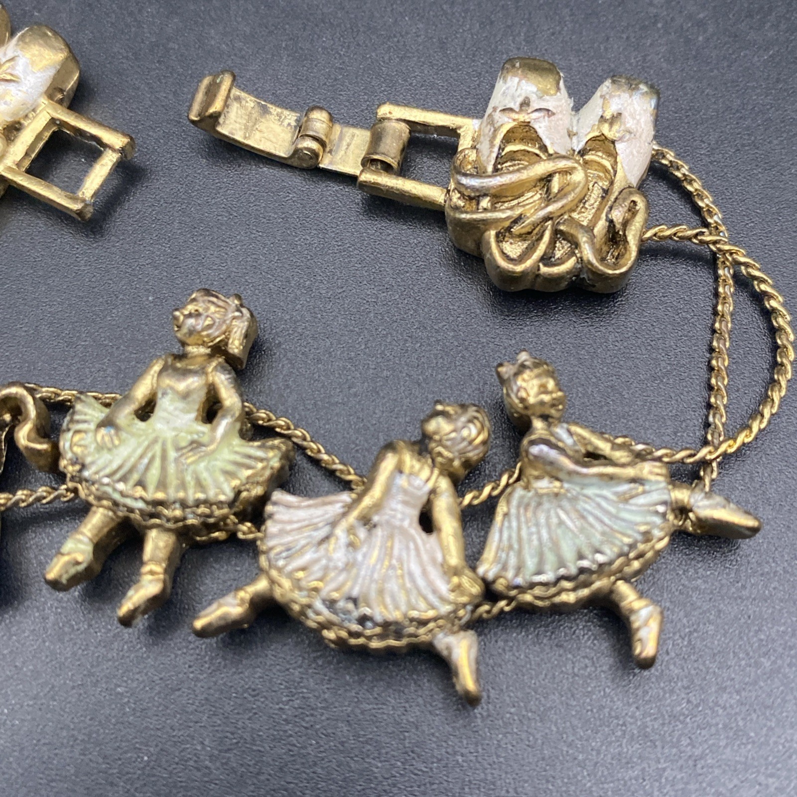 Vtg Ballerina Slide Charm Bracelet Ballet Dance Slippers Silver Wash Gold Tone