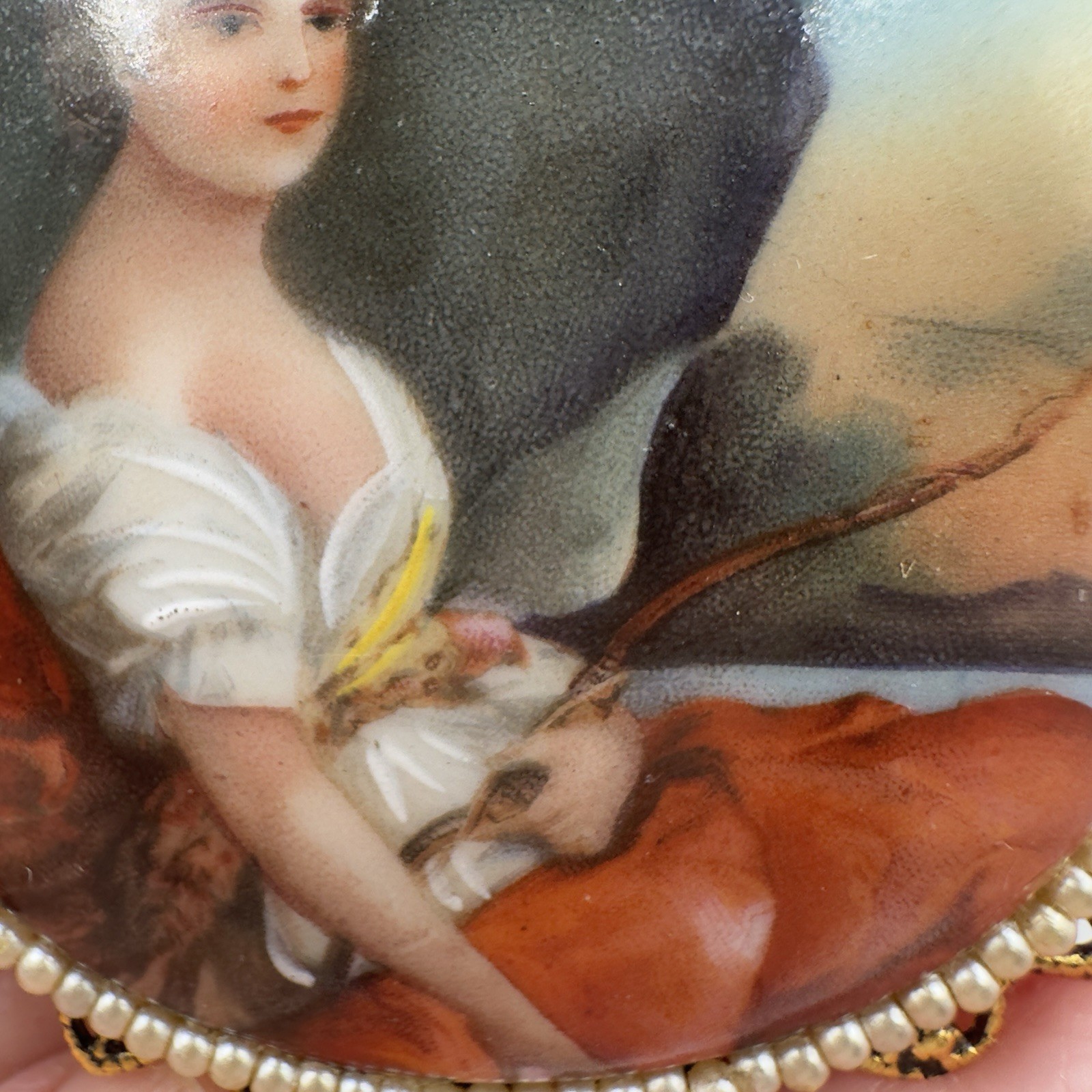 Vintage Porcelain Portrait Brooch Pendant Victorian Revival Faux Pearl Filigree