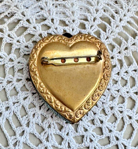 Vintage Hand Made Ribbon Embroidery Floral Heart Pin with Cherub Brooch 2 Inch