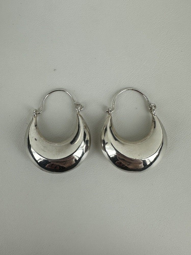Vintage Sterling Silver Thick Puffy Crescent Hoop Dangle/Drop Earrings 1.25”
