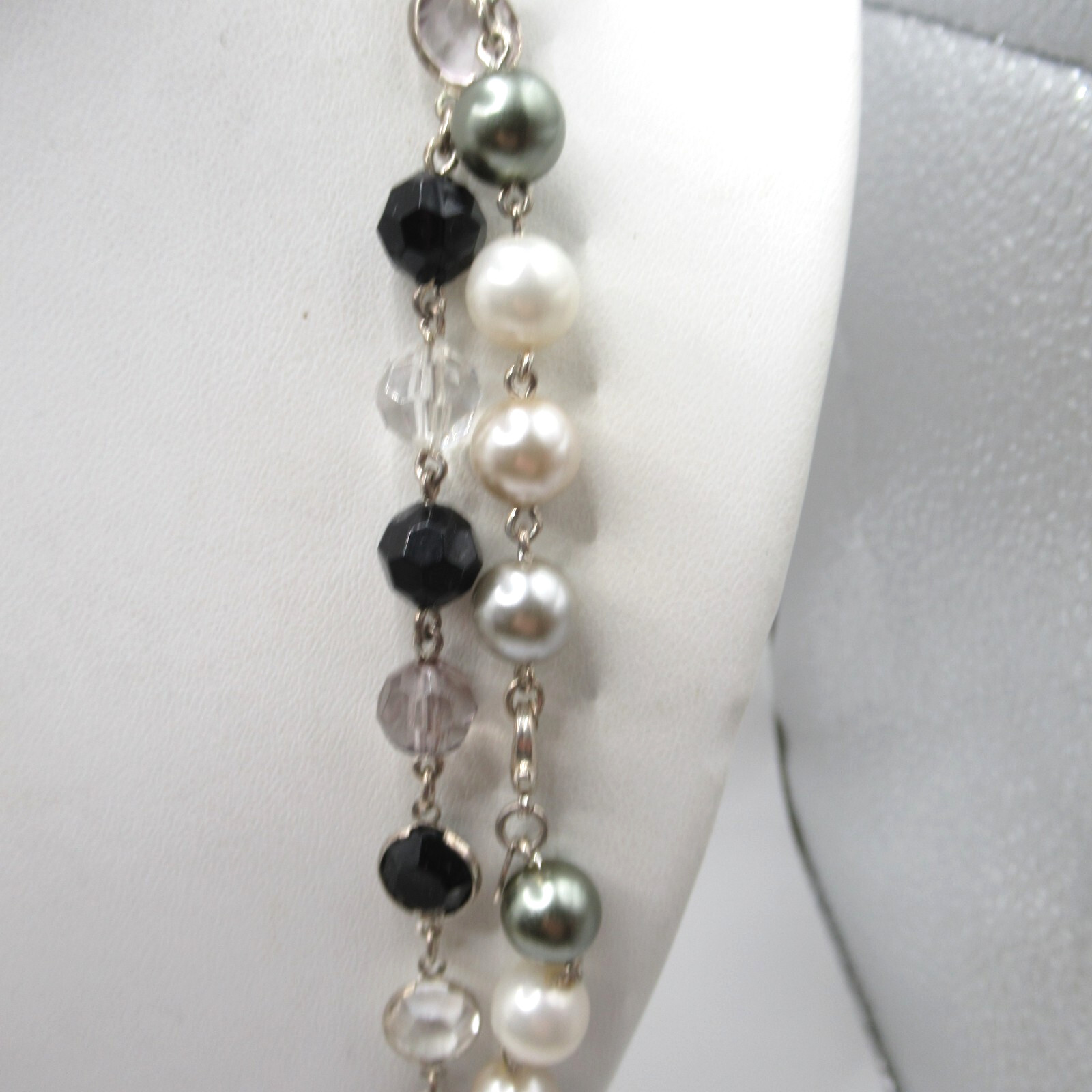 Bezel Set Black Clear Gray and White Faux Pearl and Crystal Necklace Long
