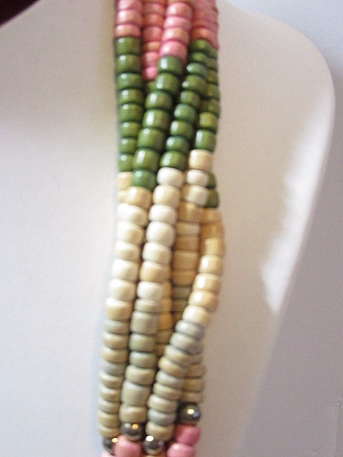 WOOD BEADED MULTISTRAND MUTED SHADES GREEN PINK BEIGE FUNKY NECKLACE BEADS