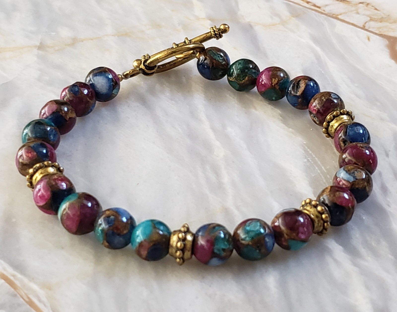 Vintage Gemstone Bead Gold Tone Spacers & Toggle Closure Bracelet 7¾