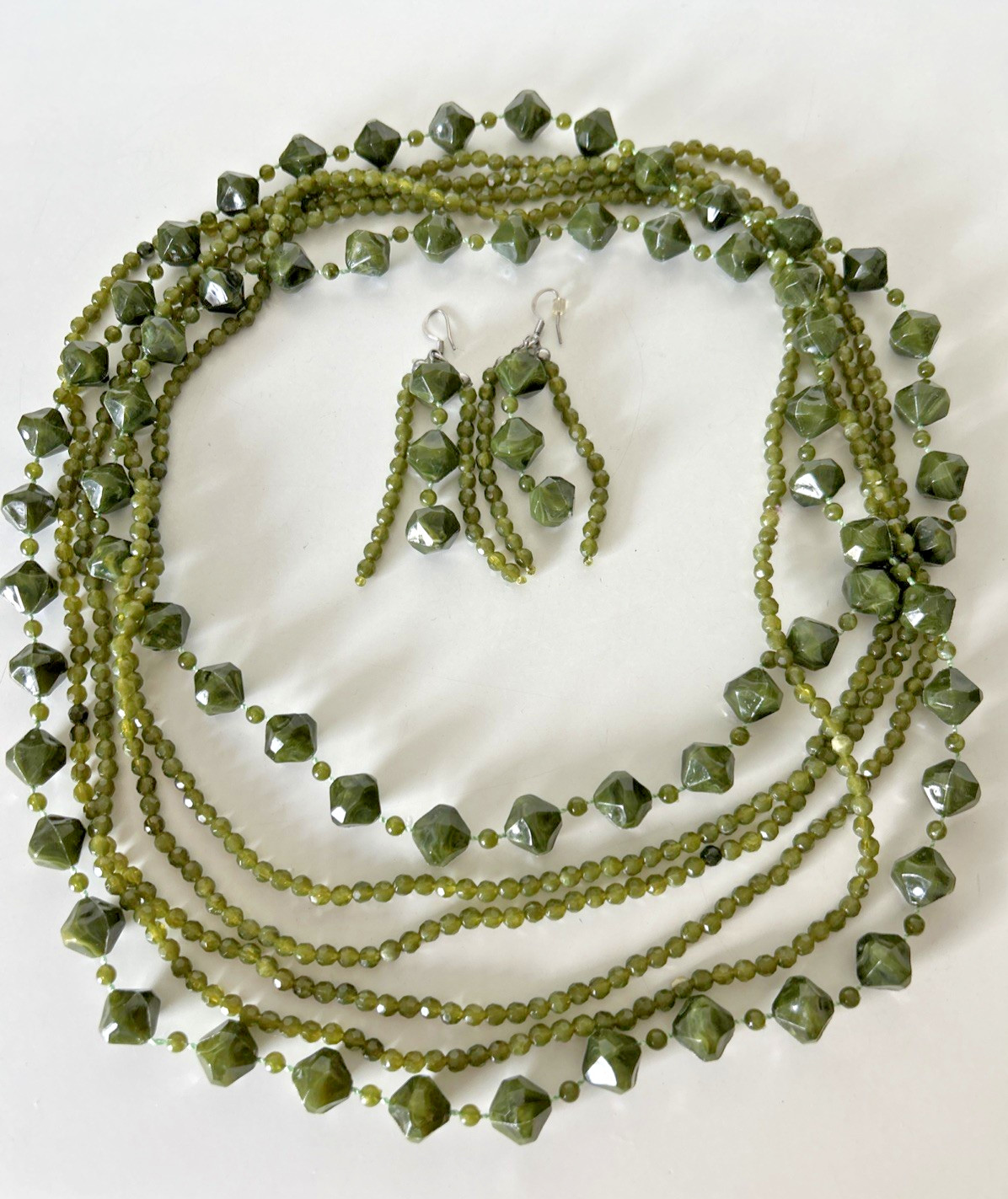 Vintage Long Lightweight Green Triple Beaded Necklace Earring Set