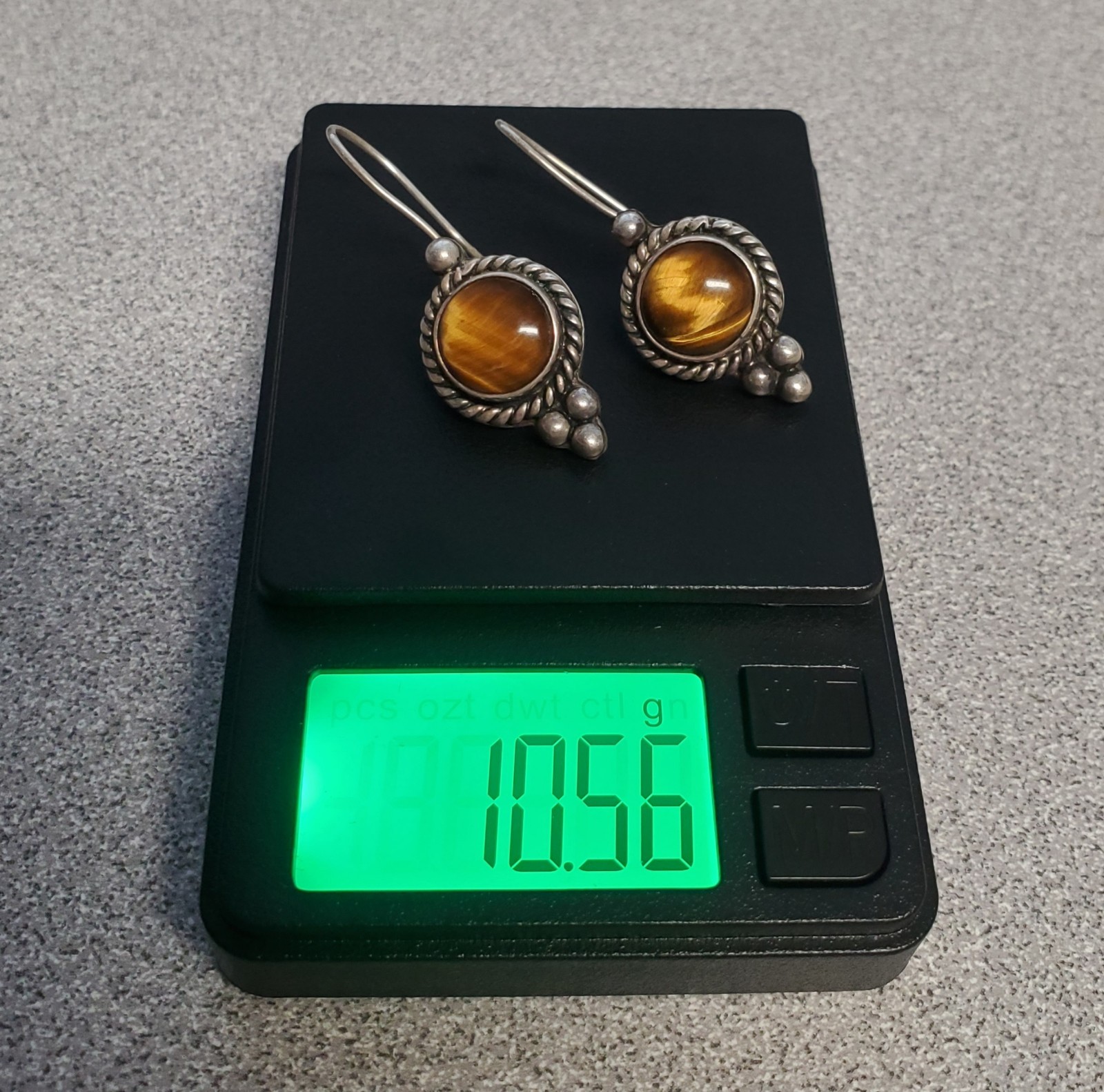 VTG 925 MEX Tigers Eye Earrings 1.75in Sterling Silver 10gtw Southwest Artisan